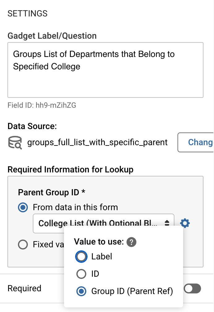 Screenshot of departments in a college