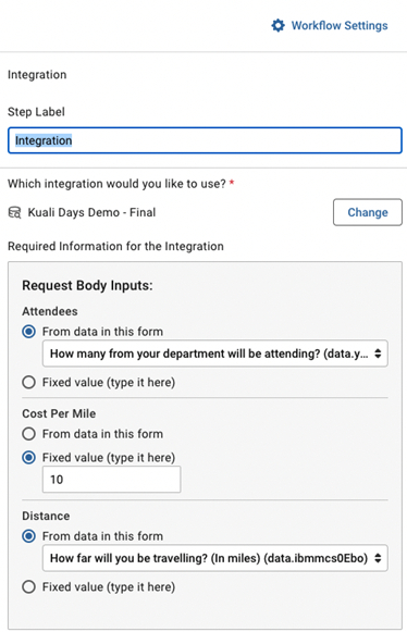Screenshot of Integration Step settings in workflow