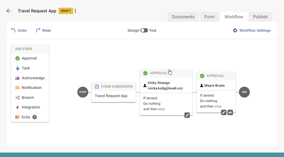Gif demonstrating how to drag a step into the workflow