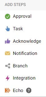 Screenshot outlining step options available