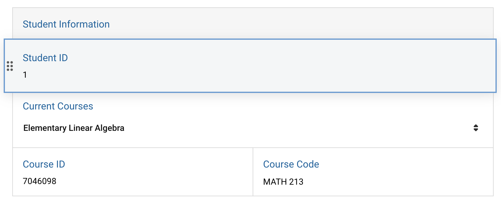Screenshot showing the auto linked gadgets for courses on a form