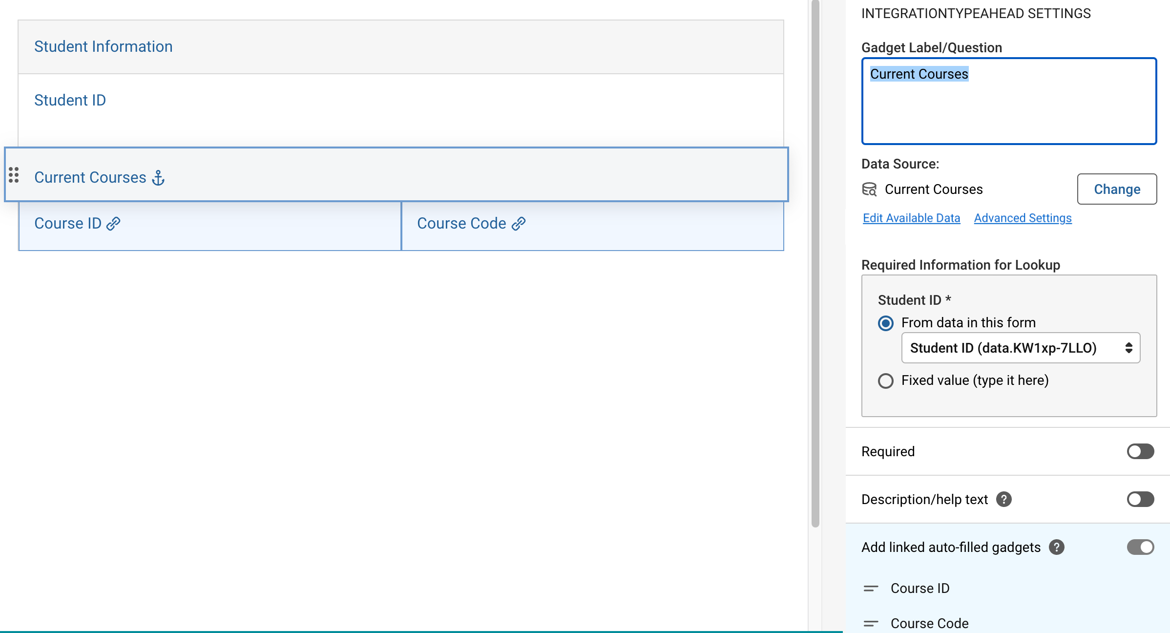 Screenshot showing the current courses with auto linked gadgets 