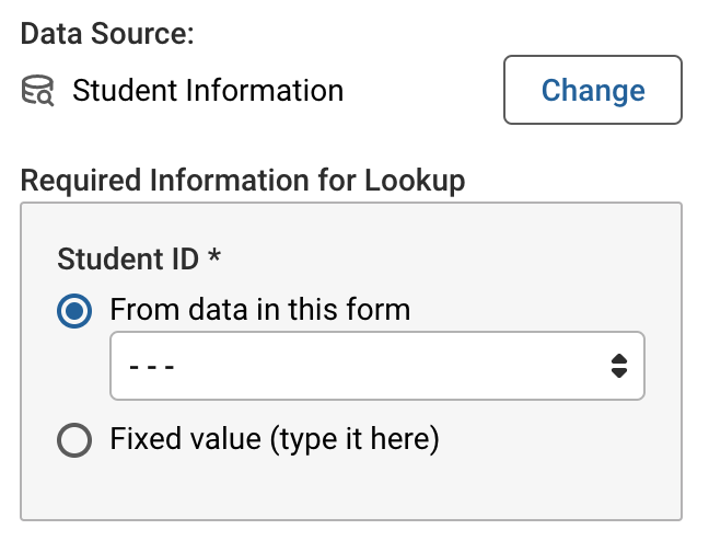 Data source selection for a data look up item (single)