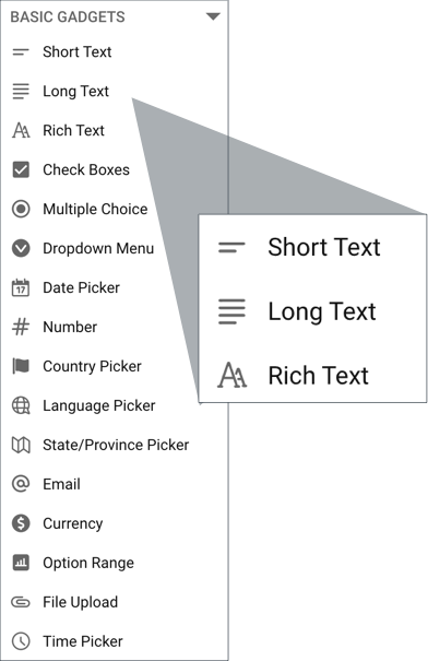 Screenshot of available text fields