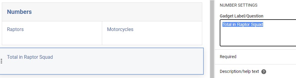 Gadget label settings of the numbers gadget