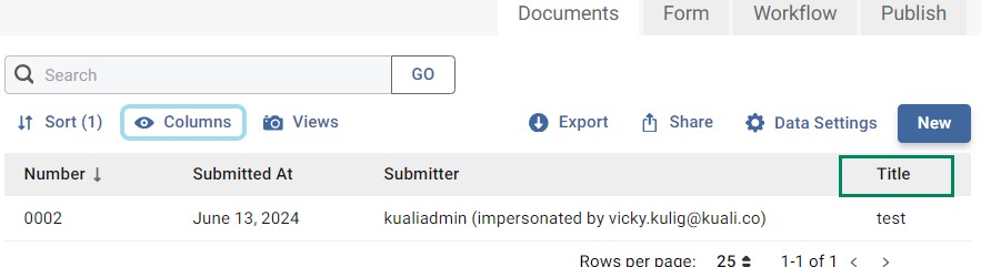 Example of the column name customized in the document list