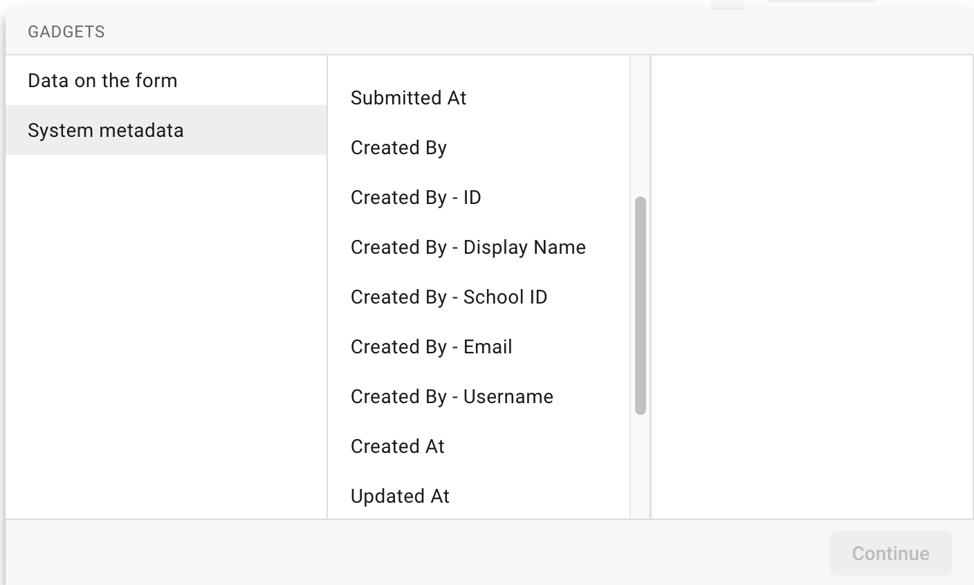 Example of available system metadata