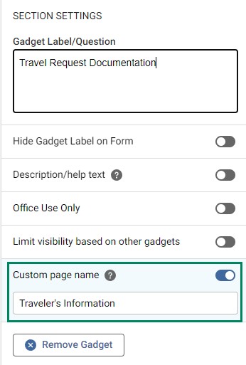 Custom Page Name field of a gadget
