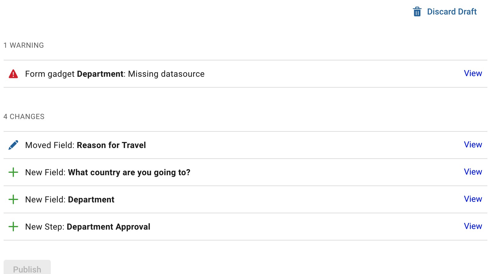 Screenshot illustrating an error prior to publishing