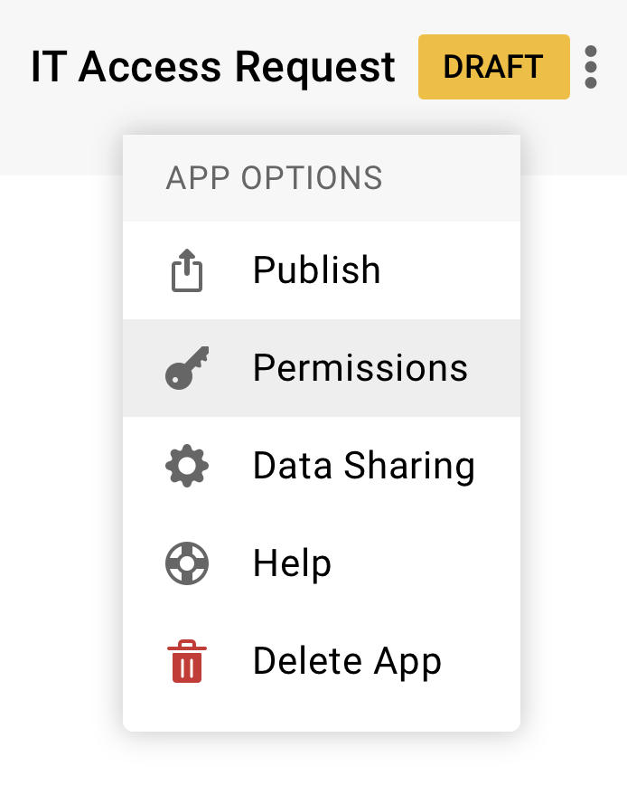 Screenshot showing the permissions menu under the app name