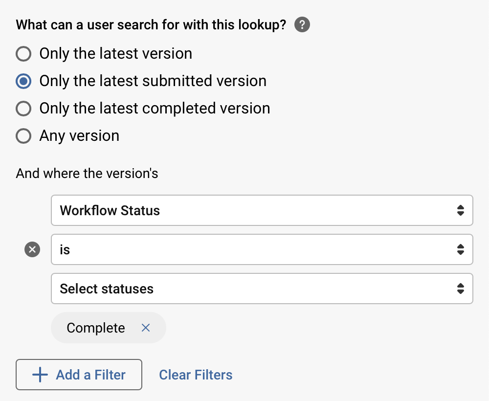 Platform - Lookup gadget filtering with versions