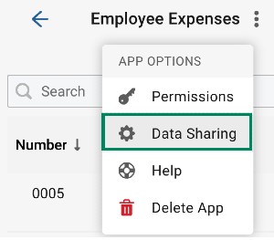 Screenshot indicating the Data Sharing option of the menu