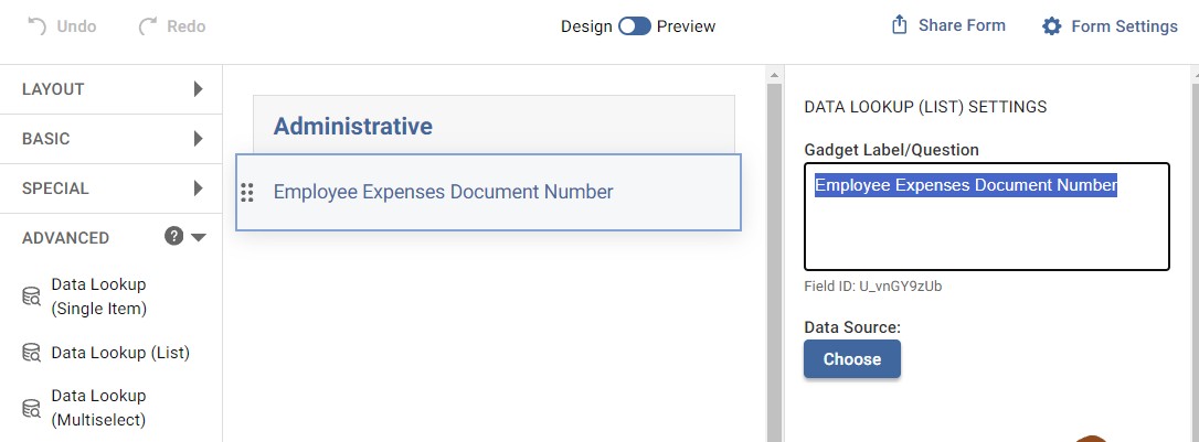 Screenshot of a link gadget on a form