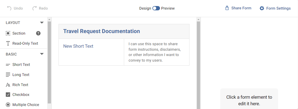 Gif of testing the form design and preview settings