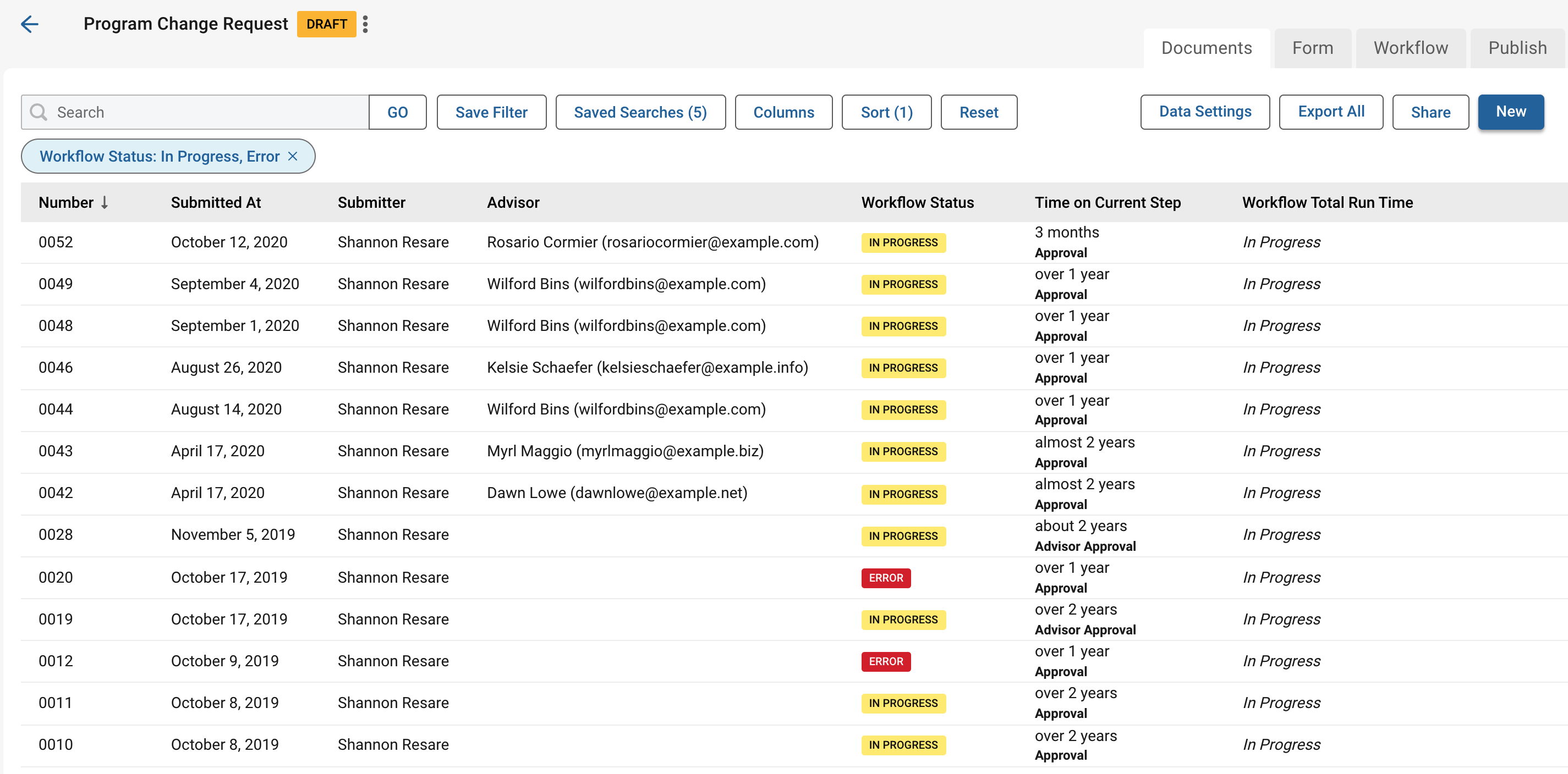 Screenshot of report showing status