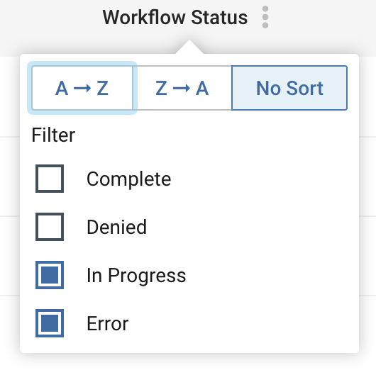 Screenshot of workflow status options with in progress and error selected