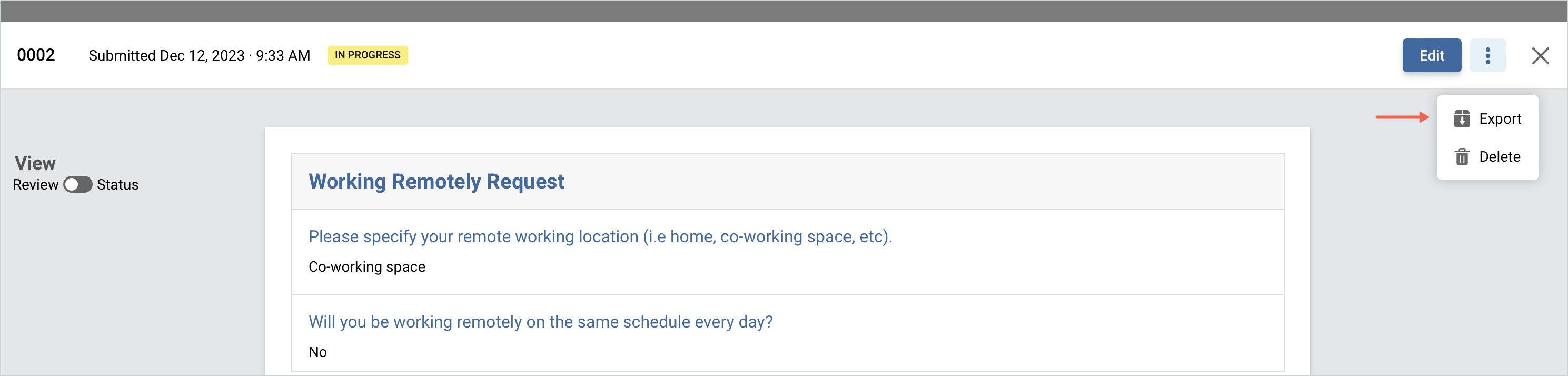 Screenshot showing export option on a form