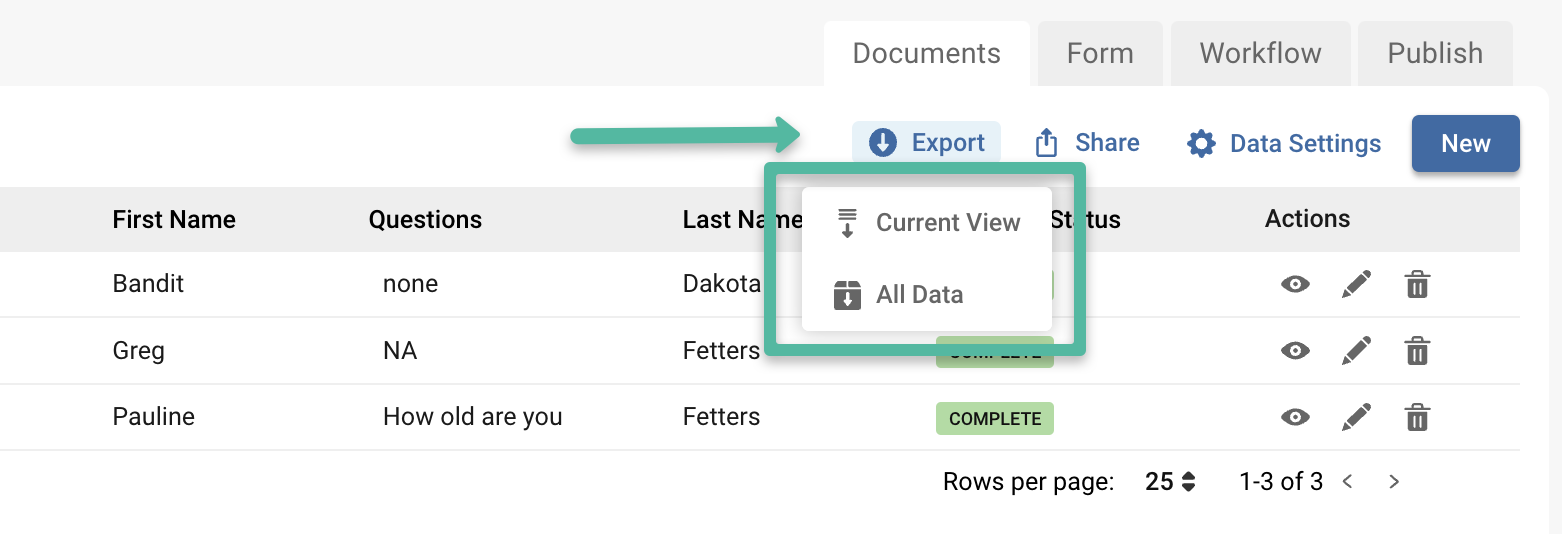 Screenshot of export options