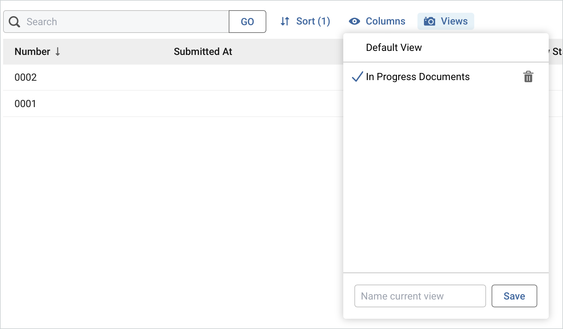 Screenshot of views on the document list