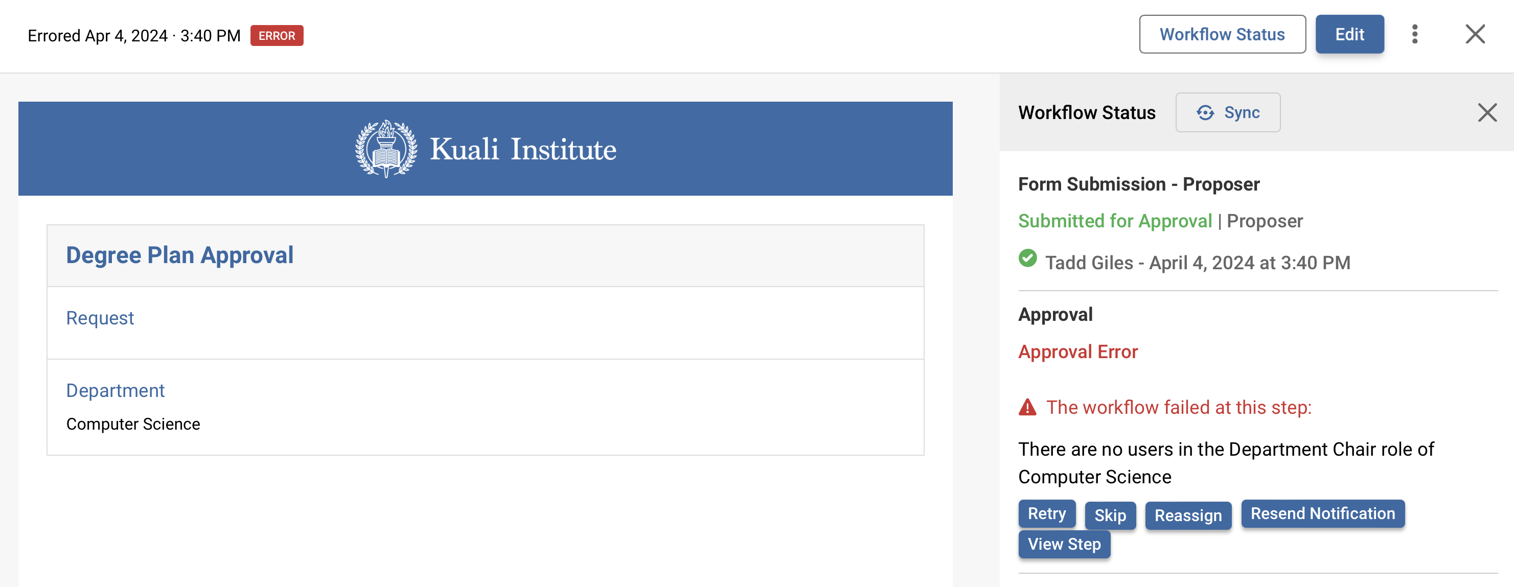 Workflow status shown on form
