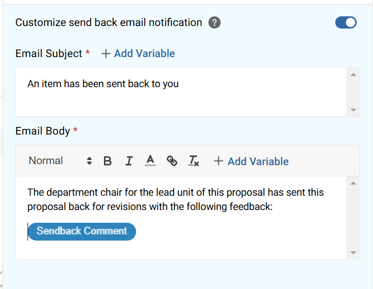 Platform - customize send back notification