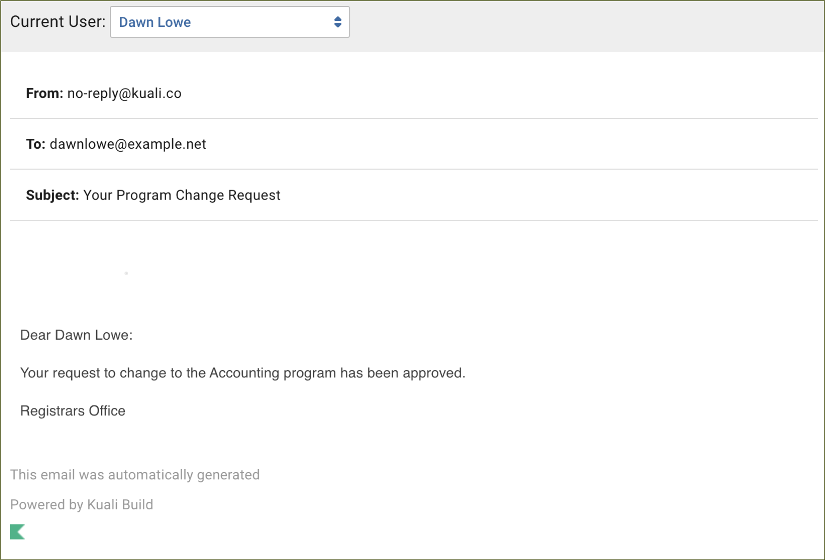 Example of a notification within the workflow simulator