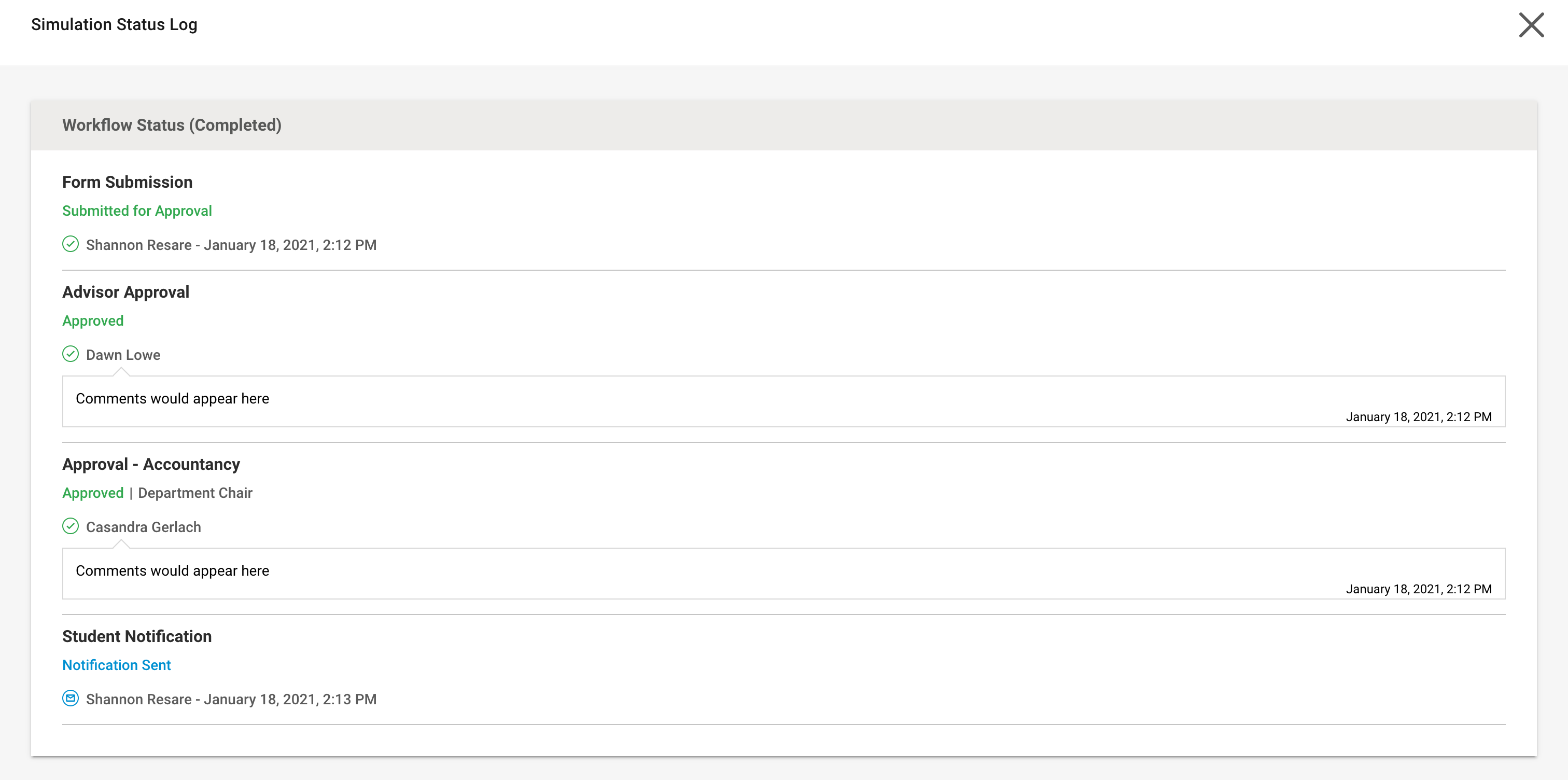 Workflow simulator status log