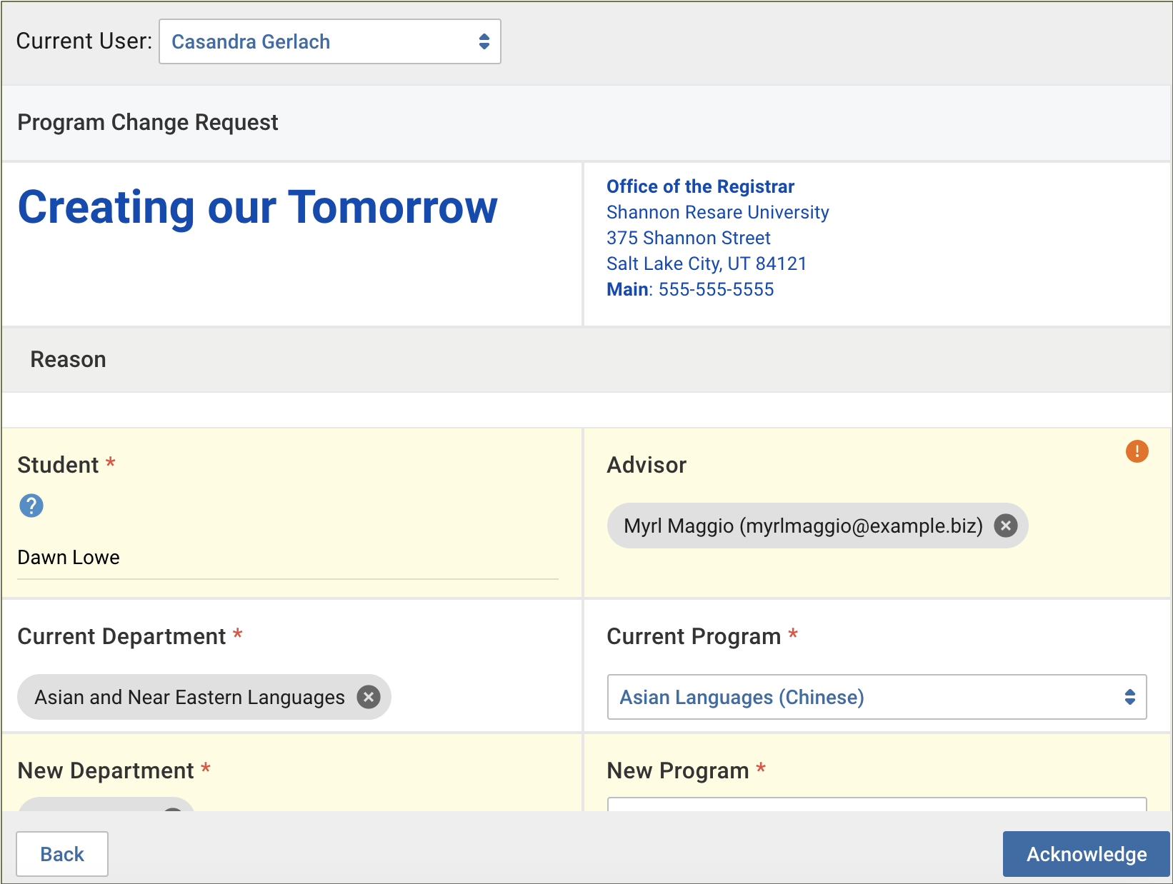 Example of required fields for workflow in the simulator