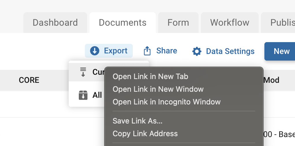 Platform - Document List - CSV Endpoint link