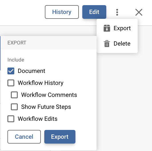 Platform - History - Export Options with Workflow Edits