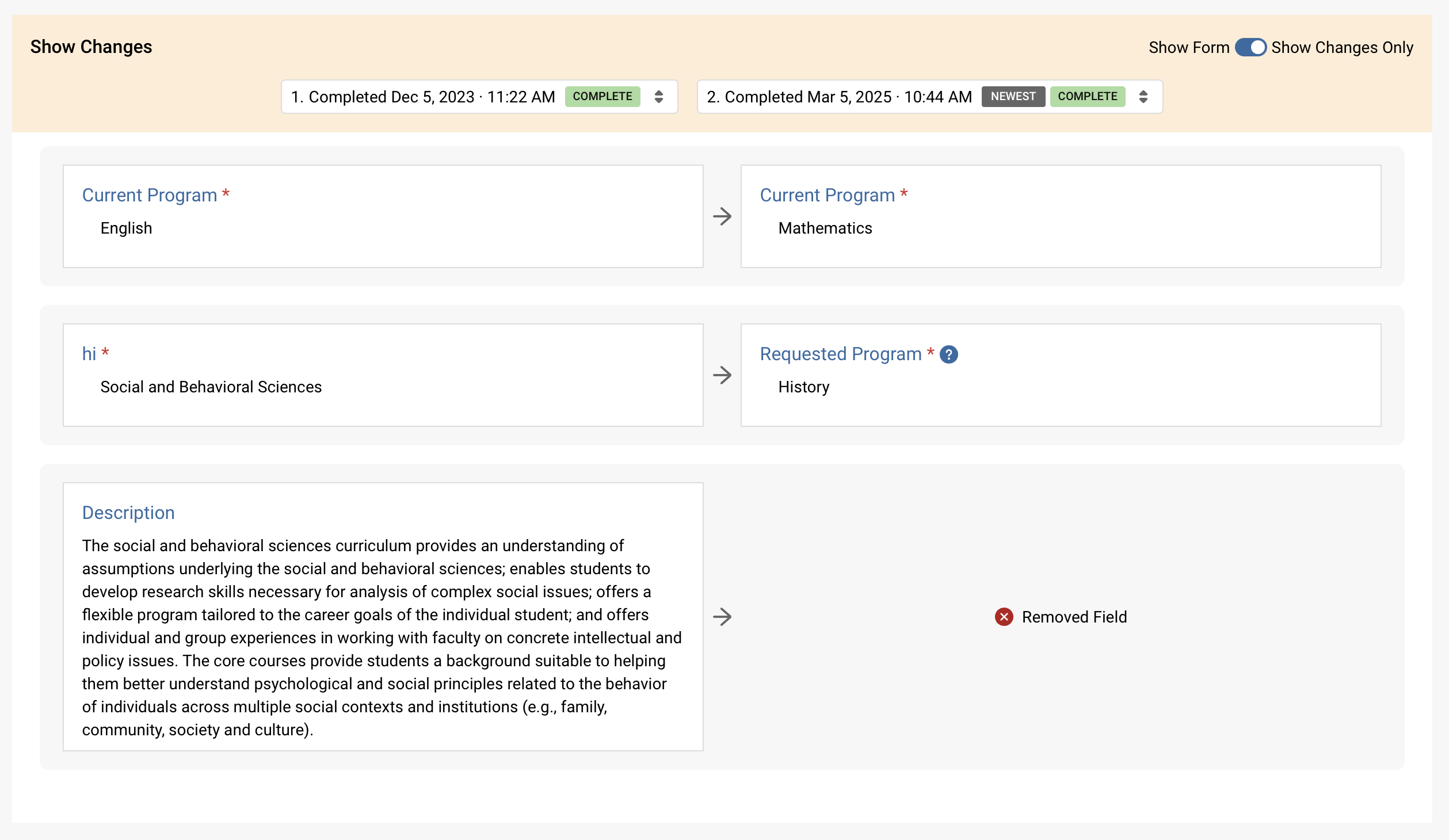 Platform - Versions - Show Changes Only Example