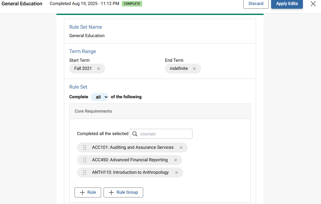 Academic Ops - Rule Set in Edit Mode