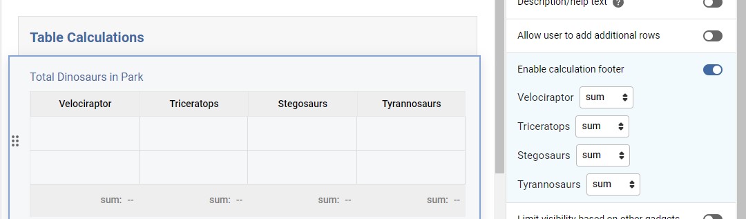 Table calculations settings