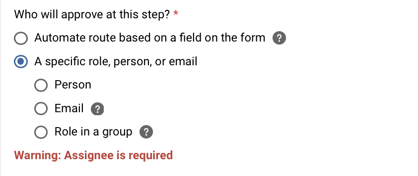Platform - Workflow - A specific person, email, or role options