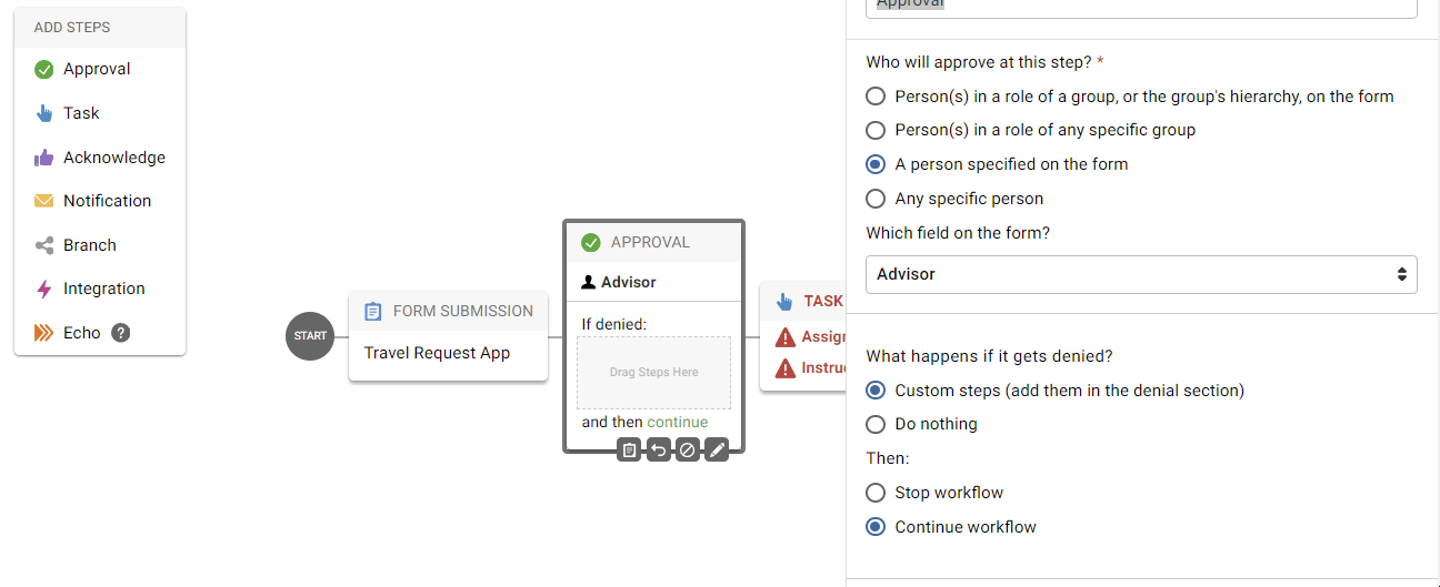 Gif demonstrating how to add a step into a denial step