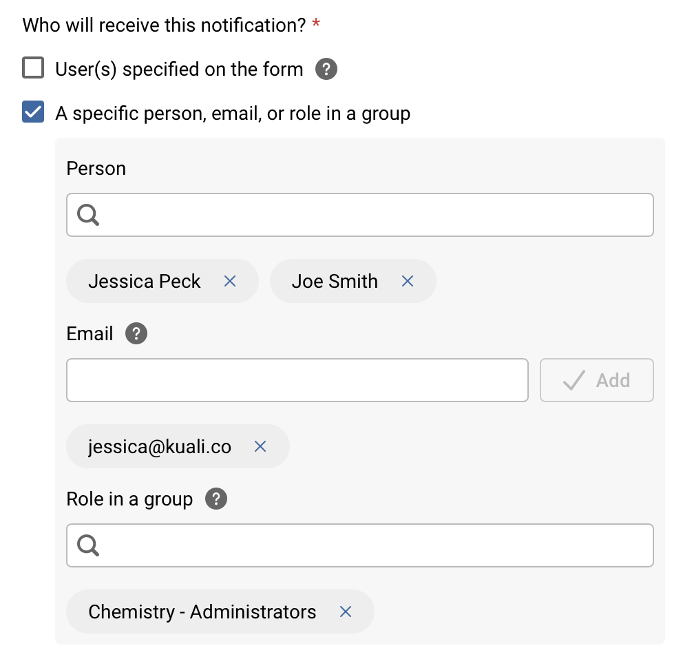 Platform - Workflow - A specific person, email, or role in a group options