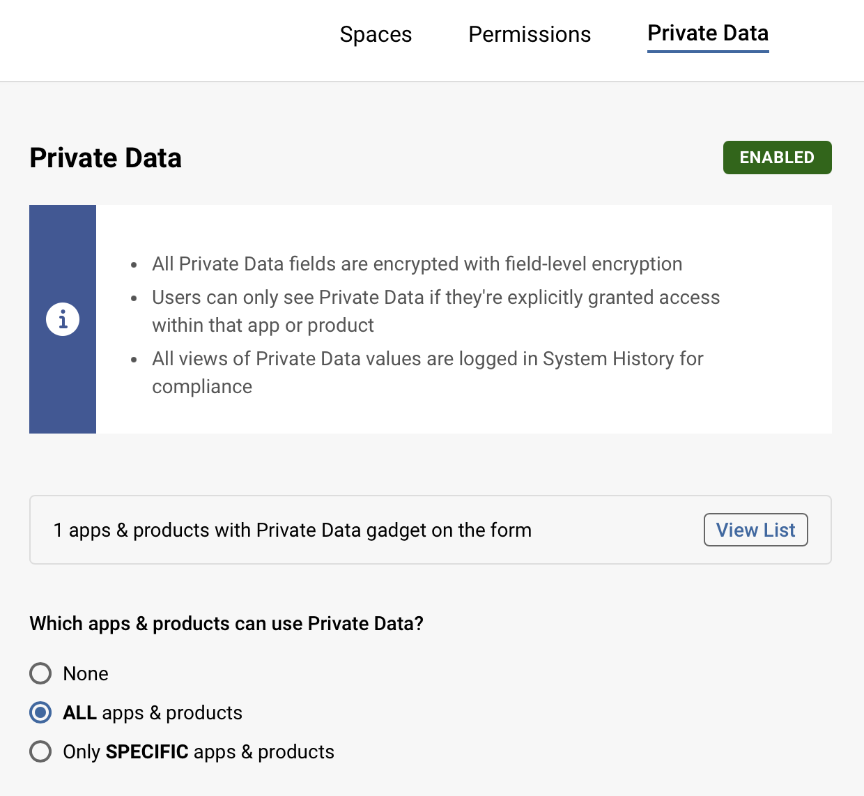 Platform - Spaces & Settings - Private Data configuration