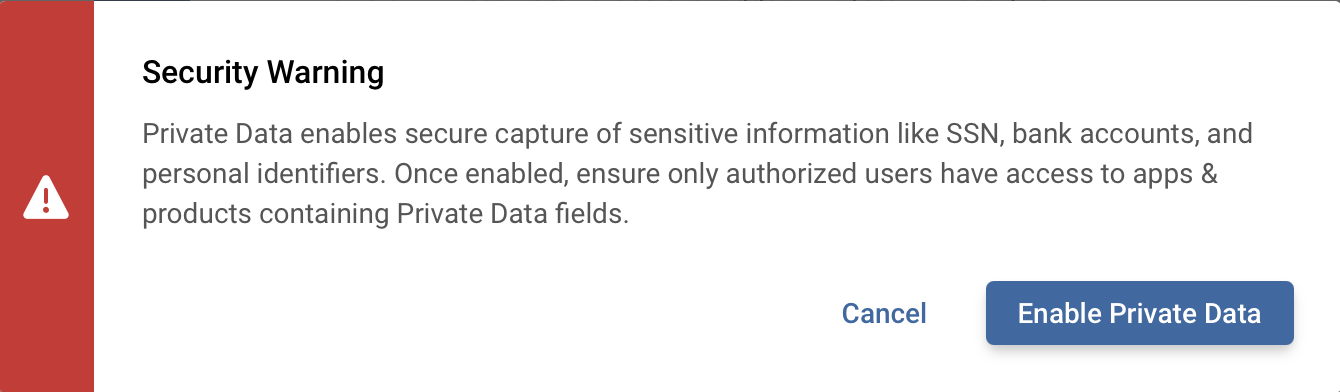 Platform - Private Data - validation message