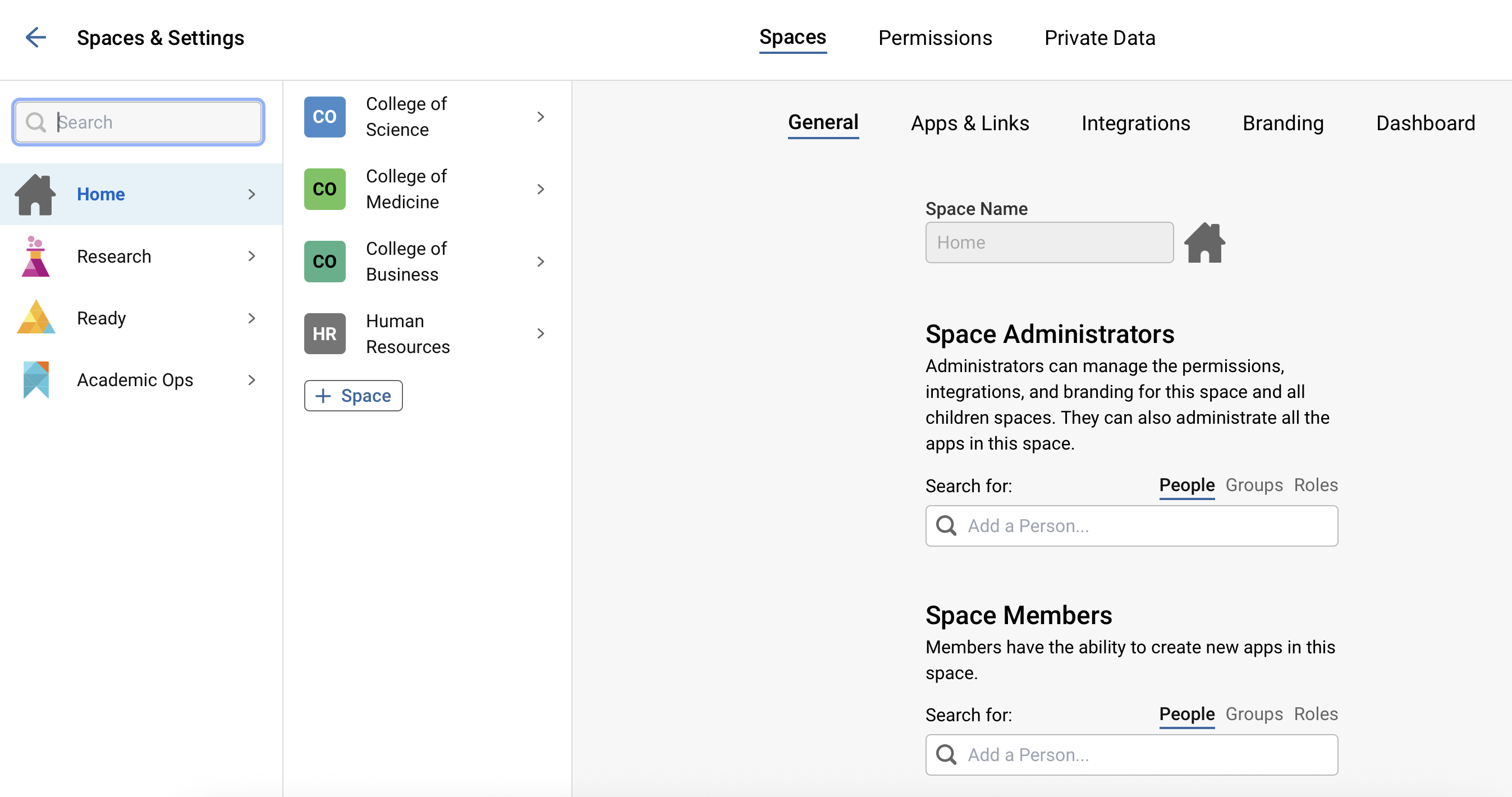 Platform - Spaces & Settings - Spaces tab