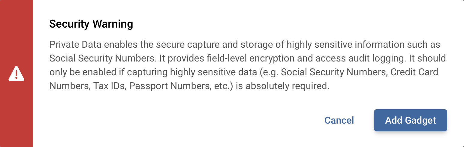 Platform - Private Data gadget - Security warning