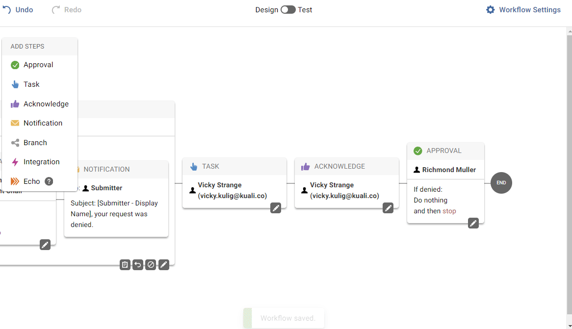 Setting default steps in a branch
