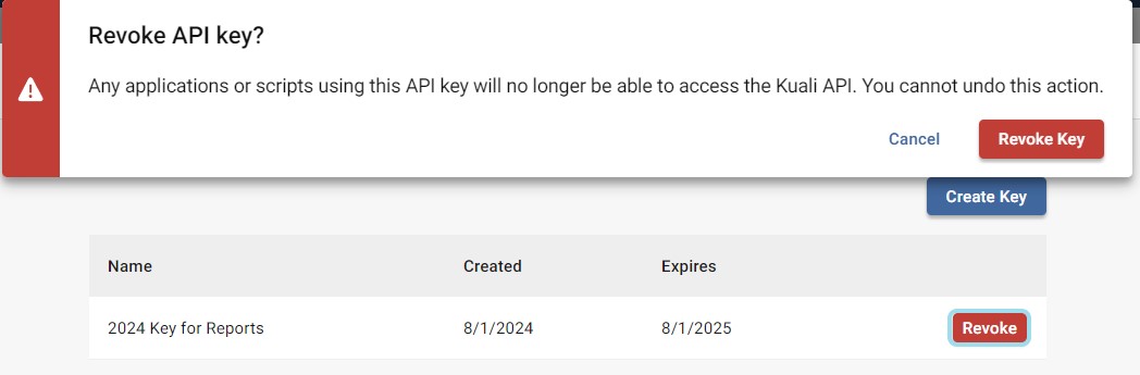 Screenshot demonstrating how to revoke an api key