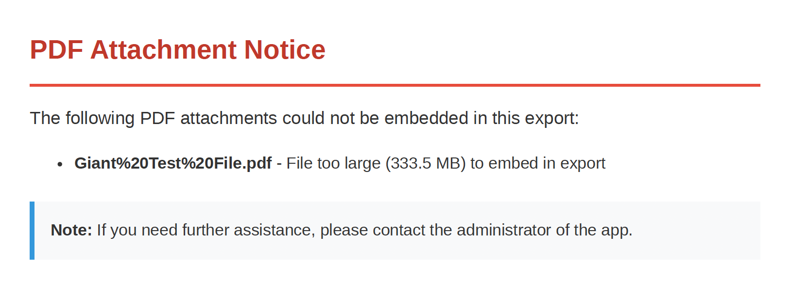Platform - File to large message in exported PDF