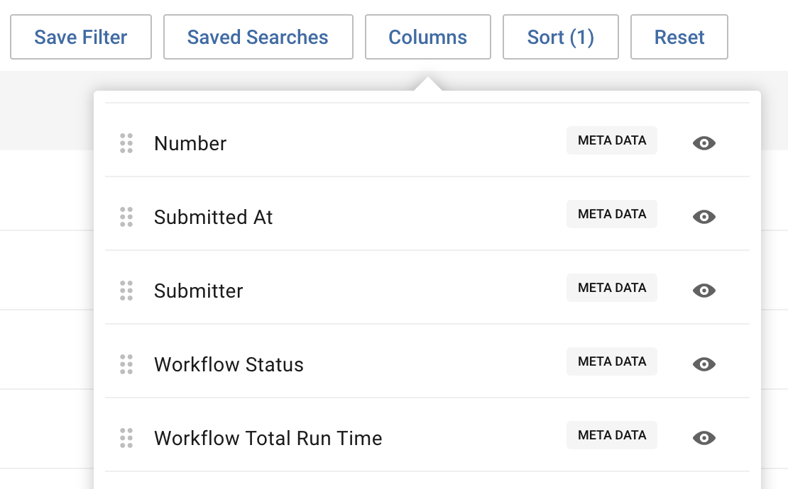 Screenshot showing column options on the document list